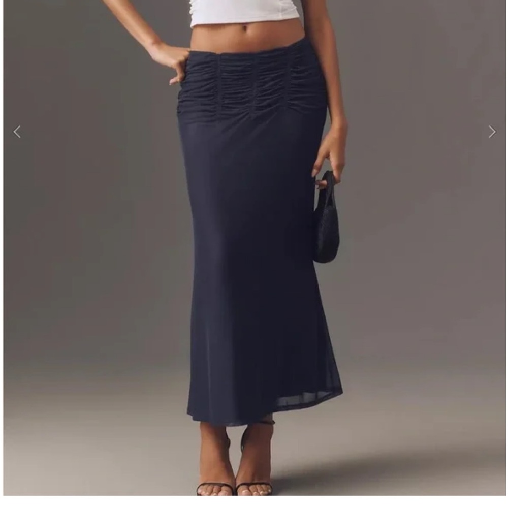 Anthropologie Maeve Ruched Yoke Column Maxi Skirt Navy Blue NWT Size M